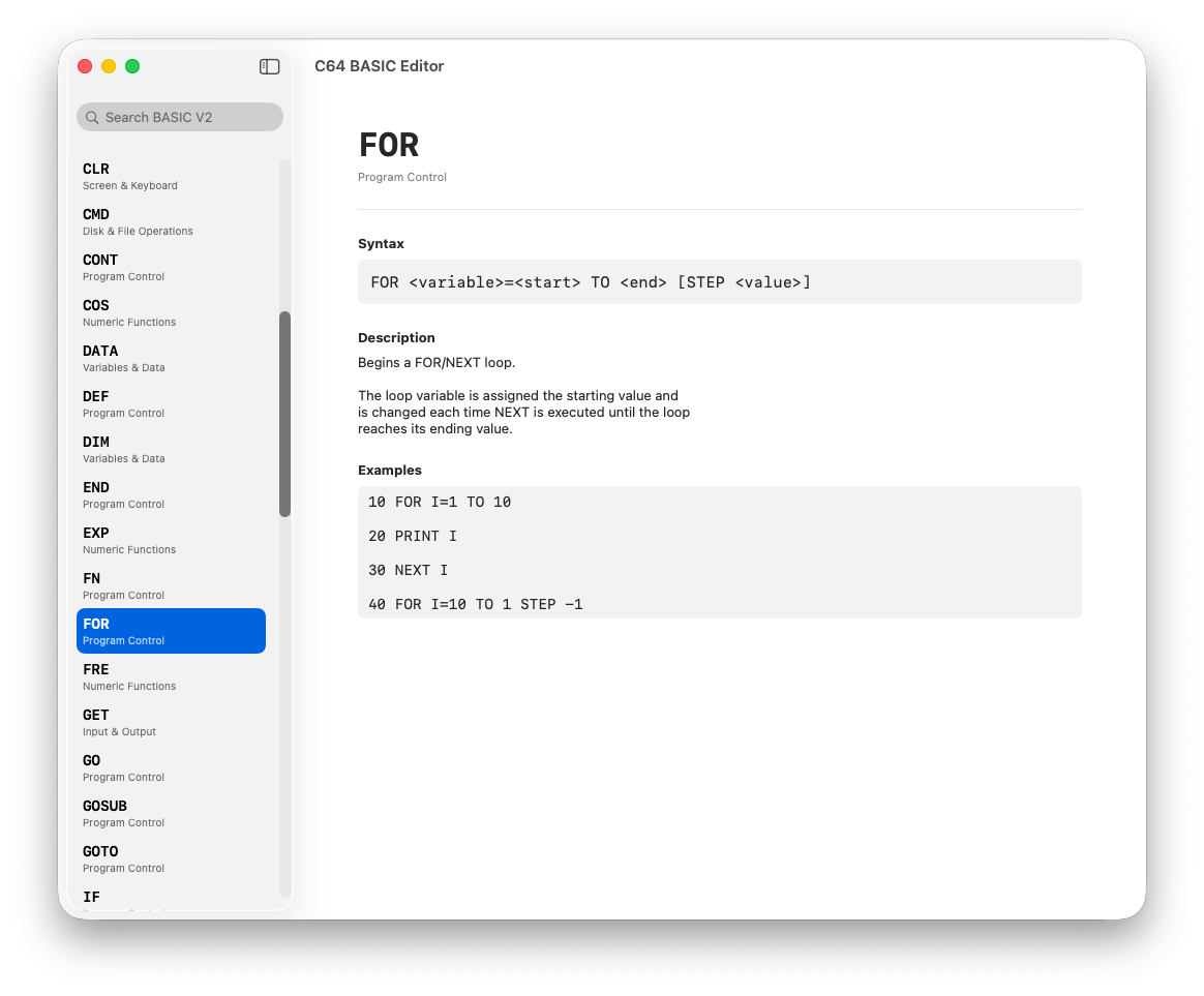 Built-in BASIC V2 Reference — Syntax, descriptions and programming examples