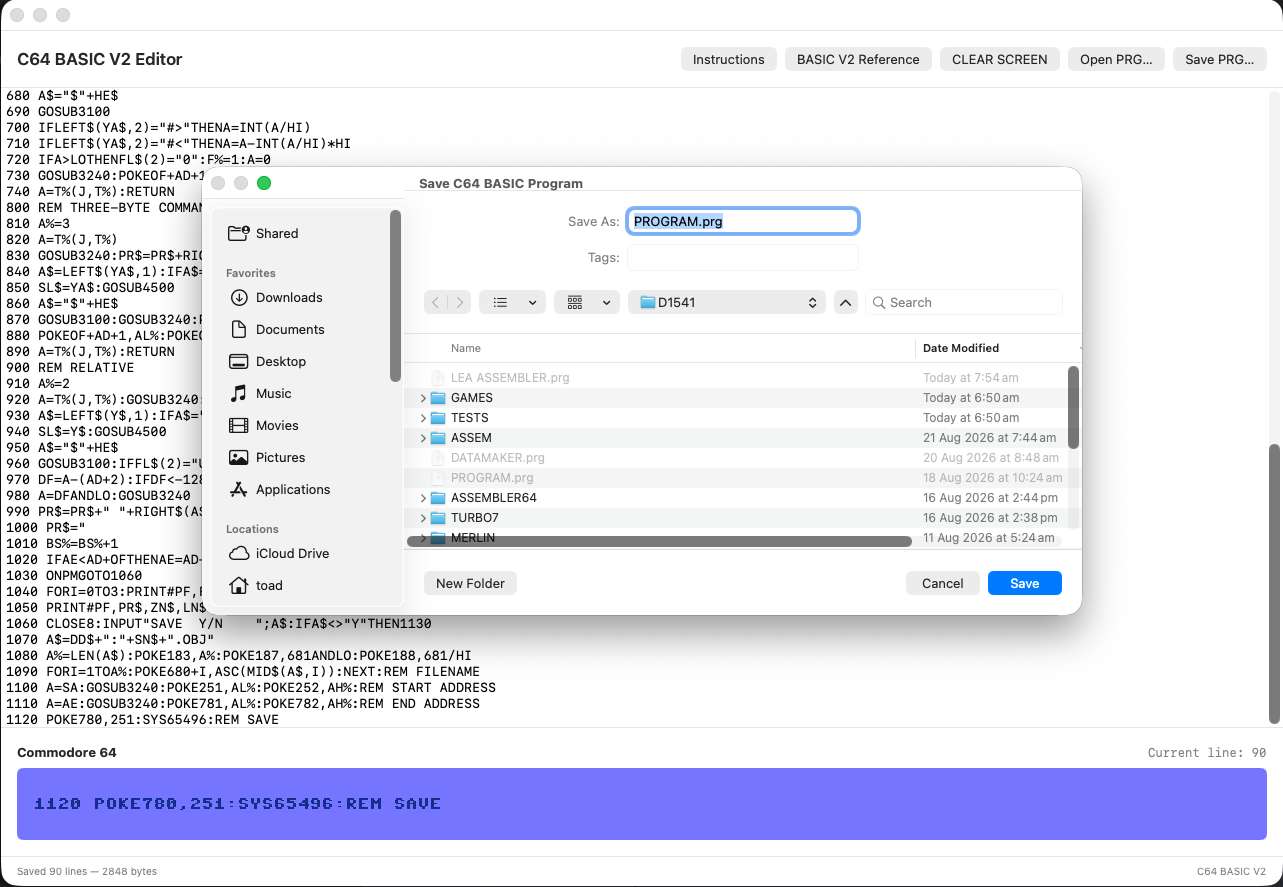 Save C64 BASIC programs as standard PRG files for use on a Commodore 64 or emulator